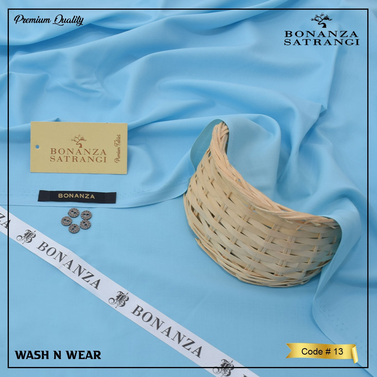 Blue fabric with Bonanza Satrangi branding, including a woven basket and clothing tag.