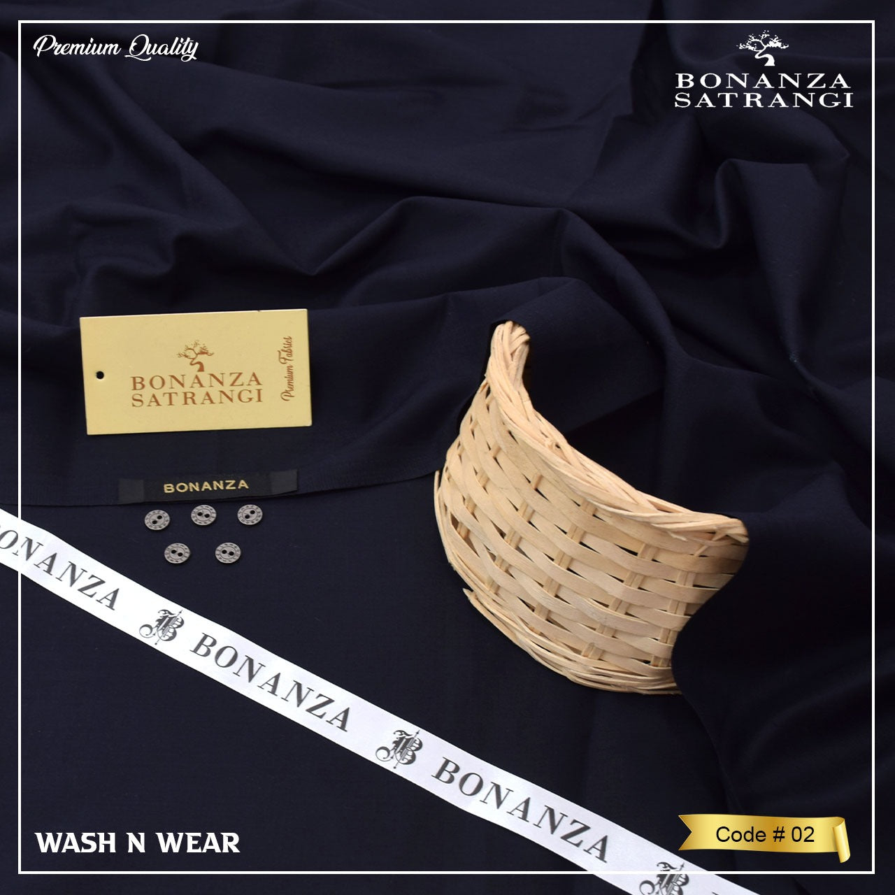 Dark fabric with Bonanza Satrangi label and woven basket on a dark background