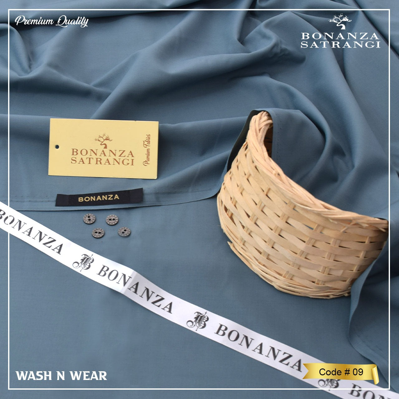Blue fabric with Bonanza Satrangi branding, buttons, and a woven basket on a white background.