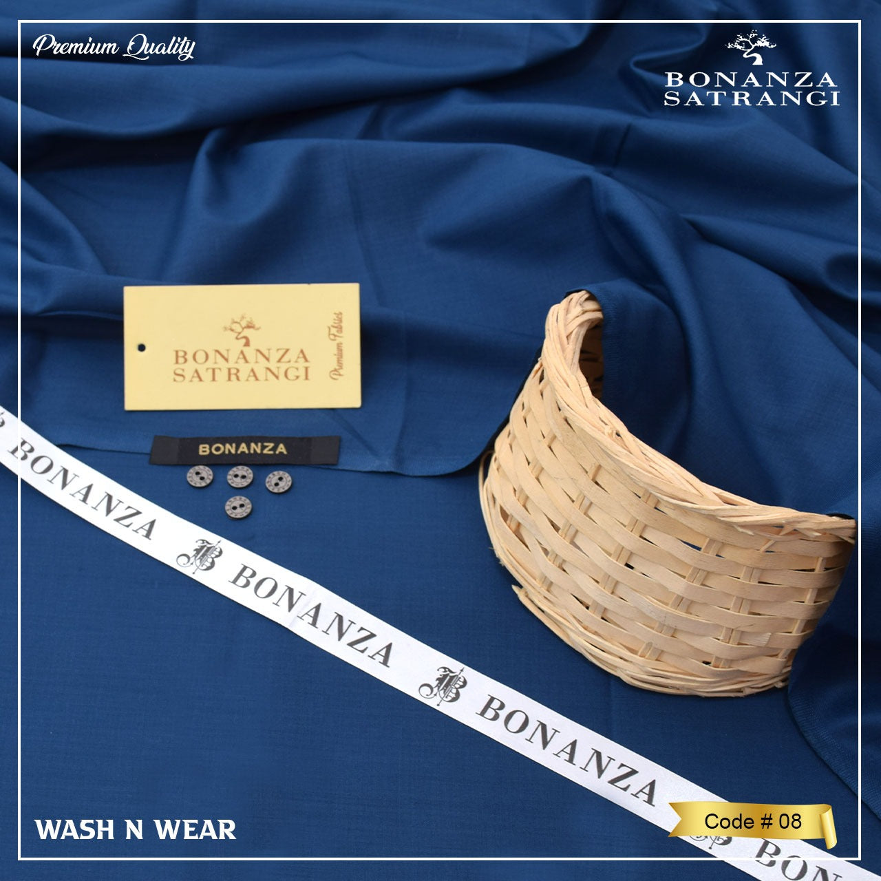 Blue fabric with Bonanza Satrangi branding, a basket, and labels on a blue background.