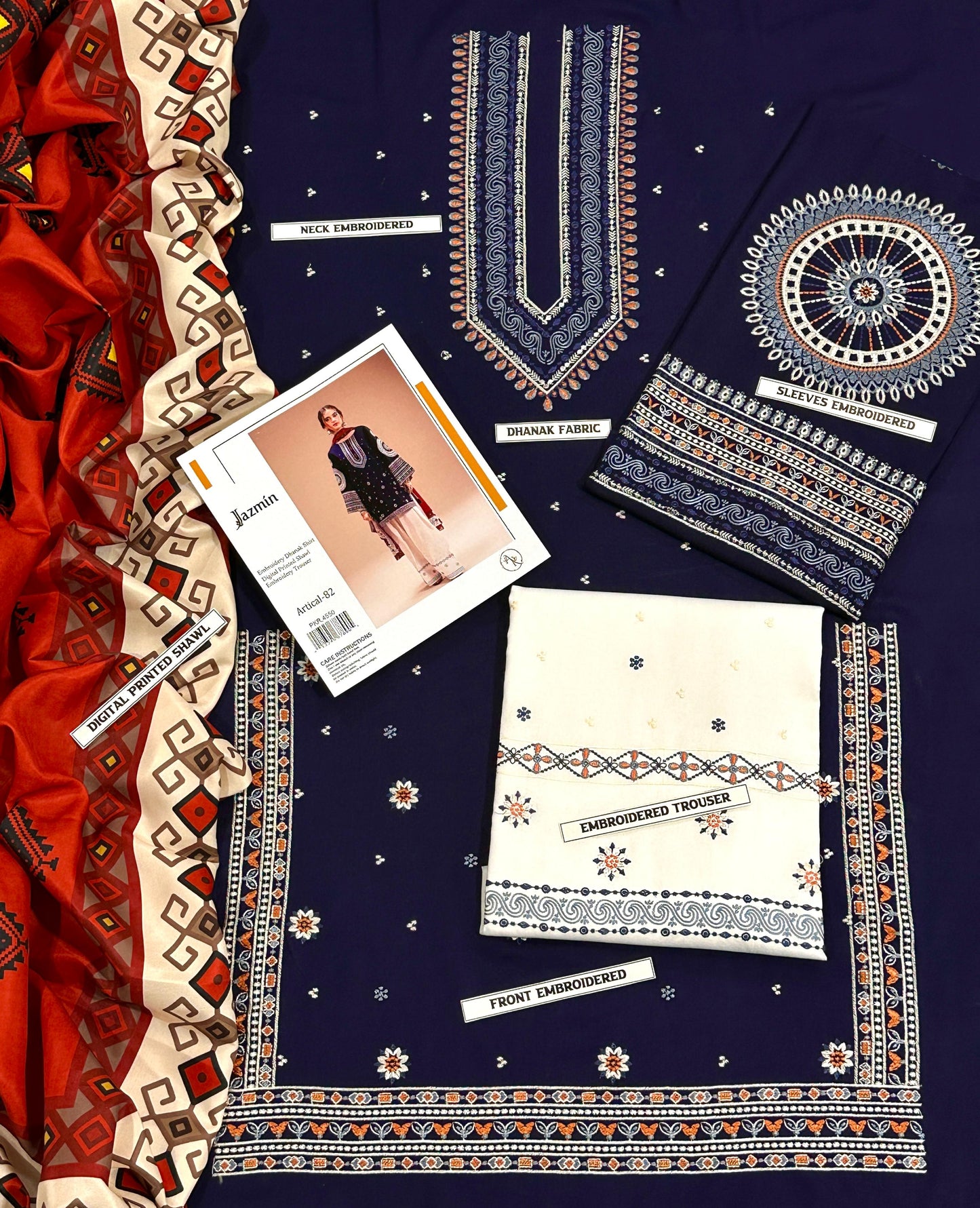 Collection of embroidered fabric samples on a dark blue background