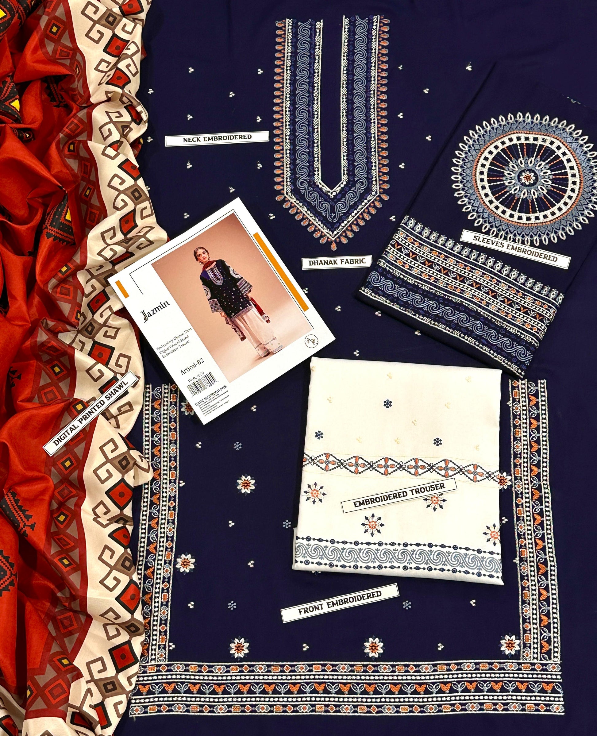 Collection of embroidered fabric samples on a dark blue background