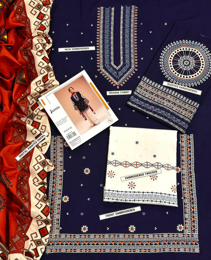 Collection of embroidered fabric samples on a dark blue background